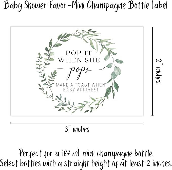 Pop It When She Pops Mini Bottle Stickers | 12 Count | 2”x 3” Size | Mini Bottle Labels | Baby Shower Party Favors | White with Greenery Wreath Design
