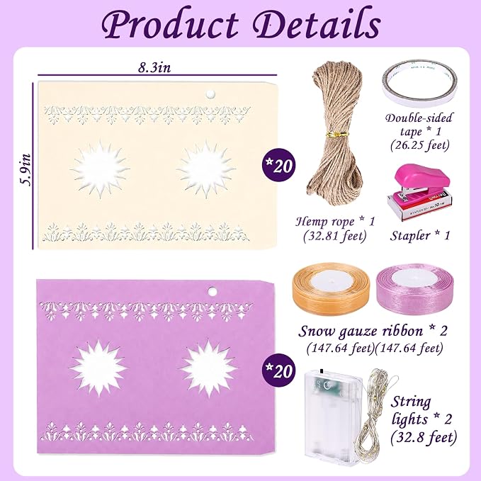 20 Pcs DIY Hanging Lanterns with String Light, Sun Shaped Thickened Paper Cutout Lantern for Princess Girls Birthday Party Home Yard Festival Decorations (10 Yellow+10 Purple, Batteries Not Included)
