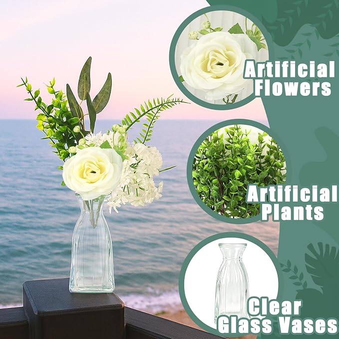 WARMALL Artificial Flowers with Vases, 16 Pcs Bud Vases, & 81 Pcs Artificial Plants DIY Set Suitable for Centerpieces Table Weddings Party Office and Indoor Decor Mini Small Glass Clear(White)