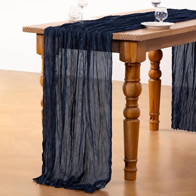 DeZerlor Navy Blue Cheesecloth Table Runner 4 Pack Spring Easter Table Runners Boho Gauze 120 Inches Navy Cheese Cloth Table Decor for Wedding Bridal Baby Shower Parties