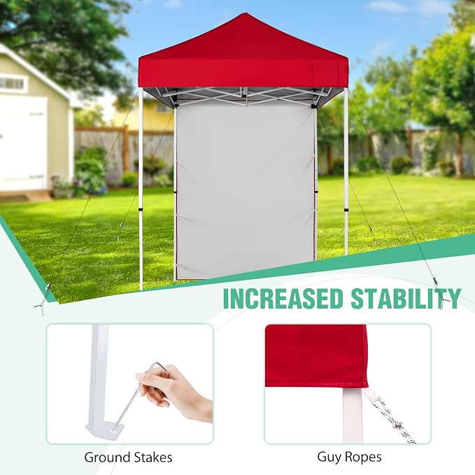 5x5 Pop Up Canopy Tent with One Sidewall, Instant Portable Beach Canopy, Outdoor Tent with Carry Bag for Camping, Sports, Tailgating, Events, Red