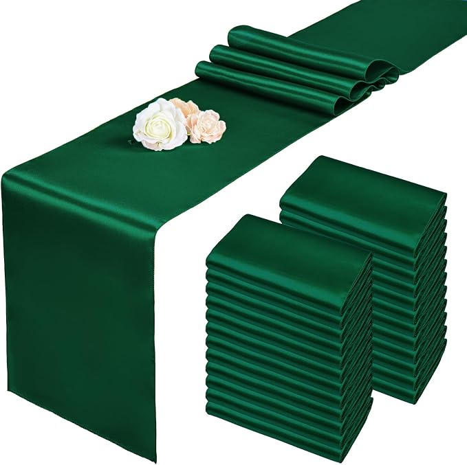 24 Pack Forest Green Satin Table Runners 12 x 108 Inch Long Table Runners for Rectangle Round Tables,Smooth Table Runner for Wedding, Birthday Party Banquets Graduation Engagements Decoration