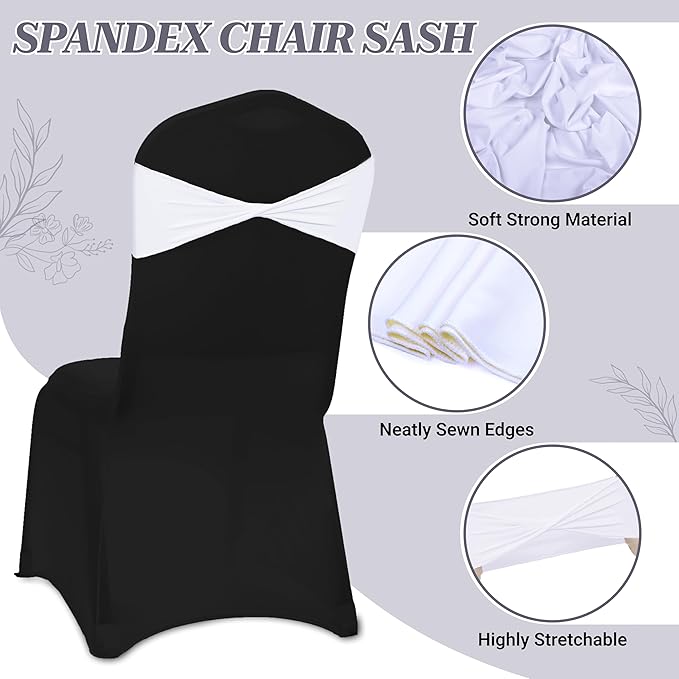 MDS Pack of 50 Spandex Chair Sashes Bows Elastic Stretch Dining Chair Bands Ties Without Slider Buckle Universal fits for Wedding Baby Shower Birthday Party Banquet Event Decoration - White