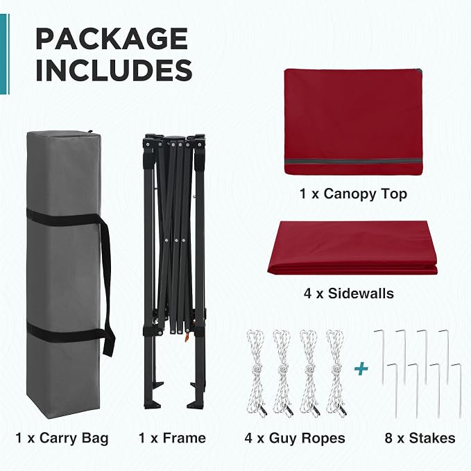 EAGLE PEAK 6x4 Instant Pop Up Canopy Tent with 4 Side Wall Panels, Straight Leg Sun Shelter, Portable Canopy with Carry Bag for Camping, Beach & Sports, Burgundy