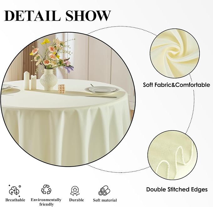 Round Tablecloth 2 Pack 90 Inch Ivory Tablecloths Washable Decorative Linen Polyester Table Clothes Cover for Dining Table Banquets Buffet Parties and Wedding