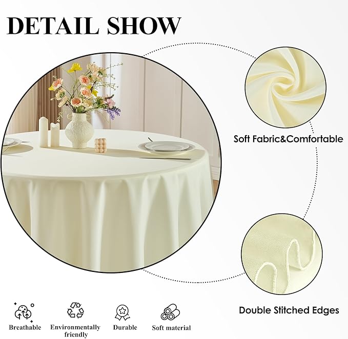 Round Tablecloth 120 Inch Tablecloth 6 Pack Ivory Table Cloths Washable Decorative Polyester TableClothes Cover for Dining Table Banquets Buffet Parties and Wedding