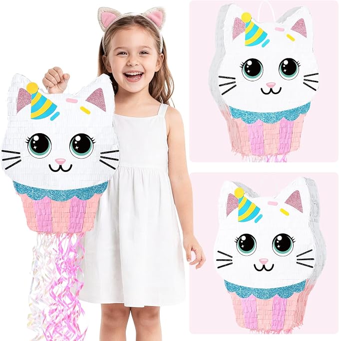 WERNNSAI Cupcake Piñata - Cat Party Decorations Cupcake Cat piñata with Blindfold and Stick for Kids Sweet Birthday Decorations Candy Land Party Baby Shower Celebration Carnival Supplies