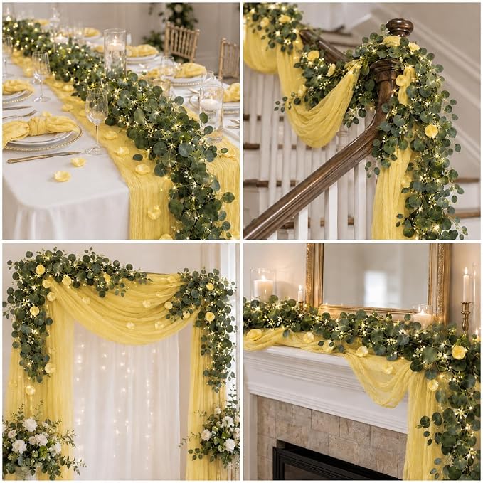 Cinrobiye 11PCS Boho Cheesecloth Table Runner Set 120'' Gauze Table Runner with Wrinkled Napkins Eucalyptus Garland and String Lights for Wedding Baby Shower Tea Party Table Decorations (Lemon yellow)