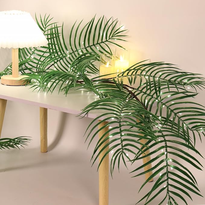 RECUTMS Artificial Palm Leaves Garland Ivy 6FT with 150LED Fairy Lights Battery Operated Faux Tropical Monstera Leaf Greenery Twig Vine Indoor Outdoor Home Spring Fireplace Mantle Table Decoration
