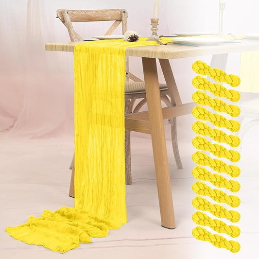 12 Pack Yellow Cheesecloth Table Runner 10FT Boho Gauze Cheese Cloth Table Runner Rustic Sheer Fabric Table Runners for Wedding Bridal Shower Baby Shower Party(21.5×120 Inch)