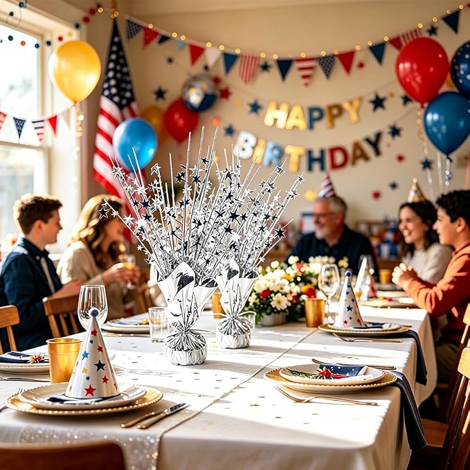 Silver Star Spray Table Centerpieces, 6 Pack Sparkly Silver Starburst Table Toppers, Foil Star Party Decorations for Birthday Graduation 4th of July Wedding New Year Table Decor