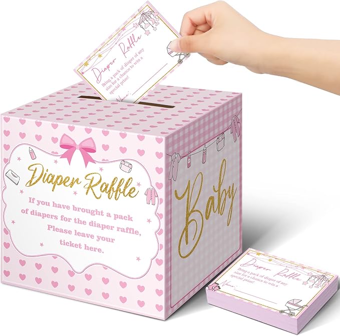 Teling 51 Pieces Diaper Raffle Tickets with Card Box Baby Shower Decorations Baby Shower Holder Box for Girl Boy Diaper Raffle Party(Pink Heart)
