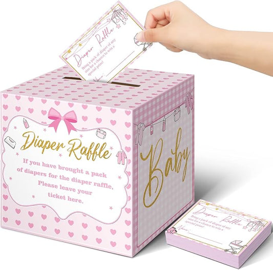 Teling 51 Pieces Diaper Raffle Tickets with Card Box Baby Shower Decorations Baby Shower Holder Box for Girl Boy Diaper Raffle Party(Pink Heart)