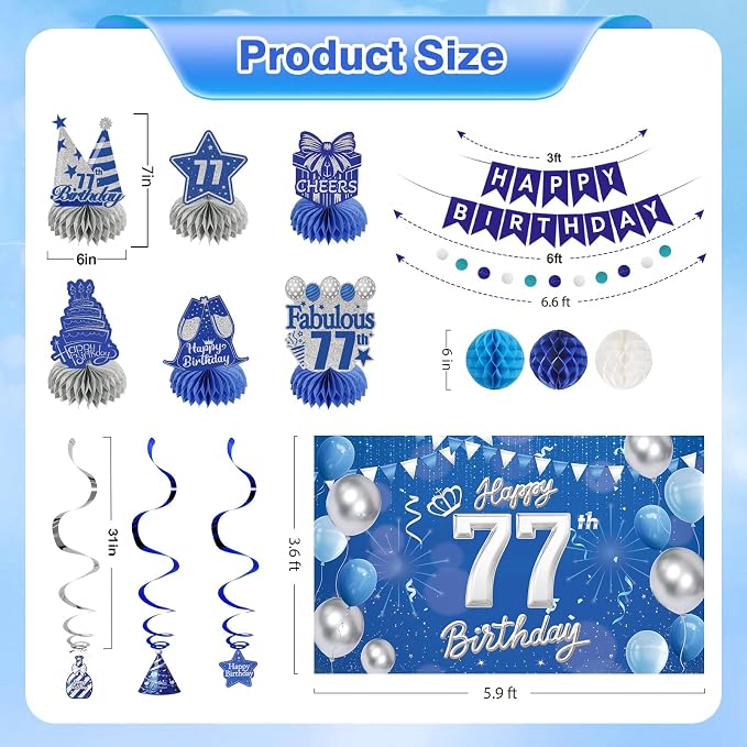 Happy Birthday Party Decoration Set: Including Birthday Banner Backdrop, Party Table Centerpieces and Hanging Swirl Party Streamers, Birthday Decor Suppliers for Men and Women (Blue, 77th Birthday)