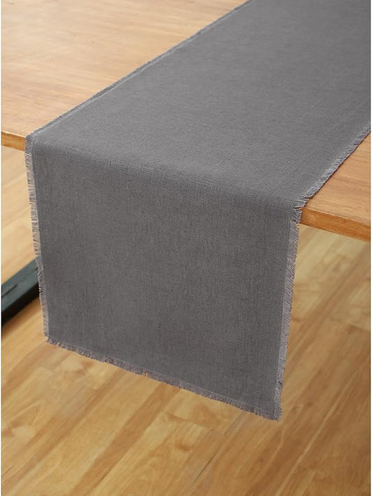 Solino Home Linen Charcoal Table Runner 120 Inches Long - Fringe, 100% Pure Linen 14 x 120 Inch Table Runner - Handcrafted and Machine Washable
