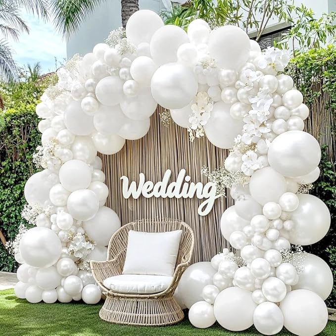 White Balloon Arch Garland Kit Double Stuffed Beige Cream White Balloon Different Sizes Pearl Balloons for Birthday Wedding Bridal Shower Engagement Baby Shower Baptism Party Decor