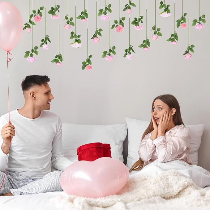 Lyrow 120 Pack Pink Roses Artificial Flowers Bulk Hanging Floating Garland Fake Pink Rose Vine for Ceiling Decoration Wedding Anniversary Bridal Bouquet DIY Floral Arrangement Proposal Romantic Decor