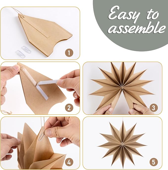 SUNBEAUTY 3 Pcs 12-Pointed Paper Star Brown Grey White Lanterns 12 Inch Christmas Hanging Lamp Shade Wedding Birthday Christmas Home Party Decorations