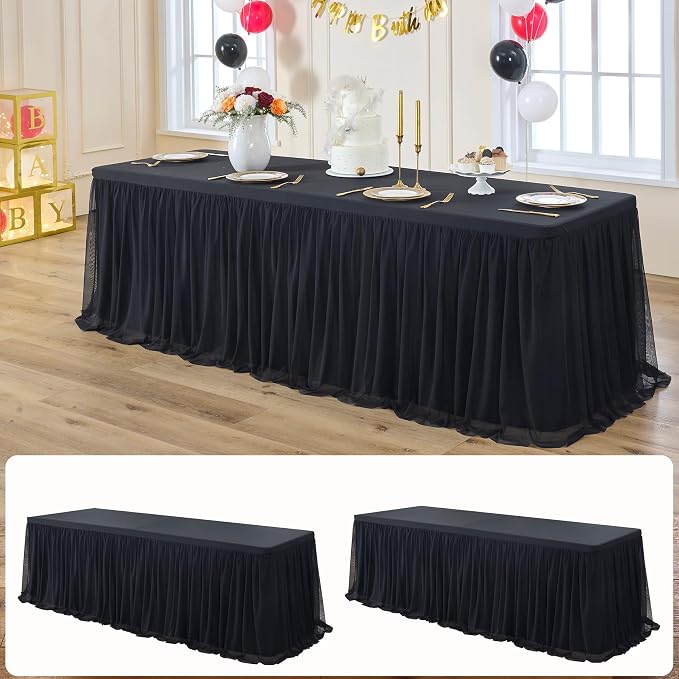 leegleri 2 pk 8ft Black Tulle Tablecloth for Rectangle Tables, 2-in-1 Table Covers with Tulle Skirt,Wrinkle Free Stretchy Ruffle Tulle Table Cloths Fitted for Wedding Party Banquet Vendor