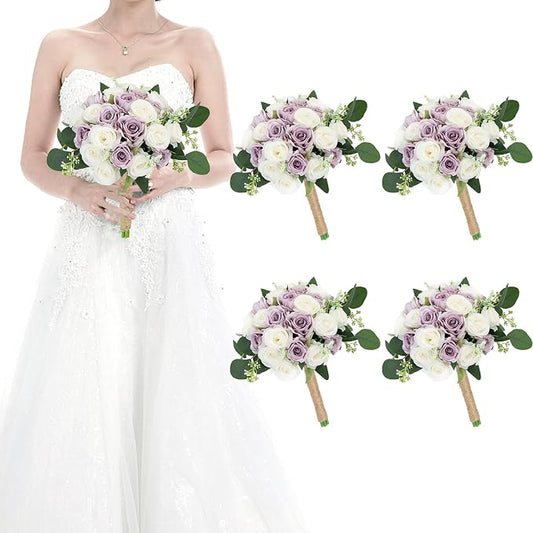 Set of 4 Bridesmaid Bouquets for Wedding - 7 Inch Artificial Ivory Flower Bouquet for Party Ceremony Anniversary Dinning Table Centerpieces Decor - Lilac and White