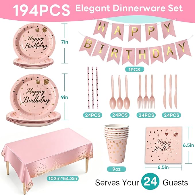 Birthday Decorations Supplies 194 Pcs Pink & Rose Gold Birthday Party Tableware, Includes Paper Dessert Plates and Napkins, Serves 24 for Girls' Sweet 16 Party, Baby Shower, Women's Birthday