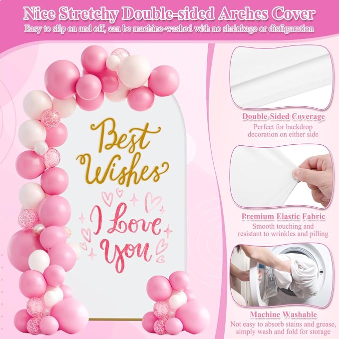 Jupwalz Arch Backdrop Stand and Cover Set, Metal Arch Stand with Rich Balloon Tool for Wedding Birthday Baby Shower Graduation Event Balloon Flowers Decor, Easy to Assemble (7.2FT & 6FT, White)
