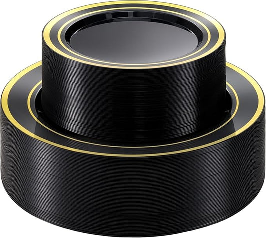 BESTVIP 100PCS Black Plastic Plate with Gold Rim, Disposable Party Plates with 50 Dinner Plates and 50 Dessert Plates, Plastic Plates for Party, Wedding and Birthday