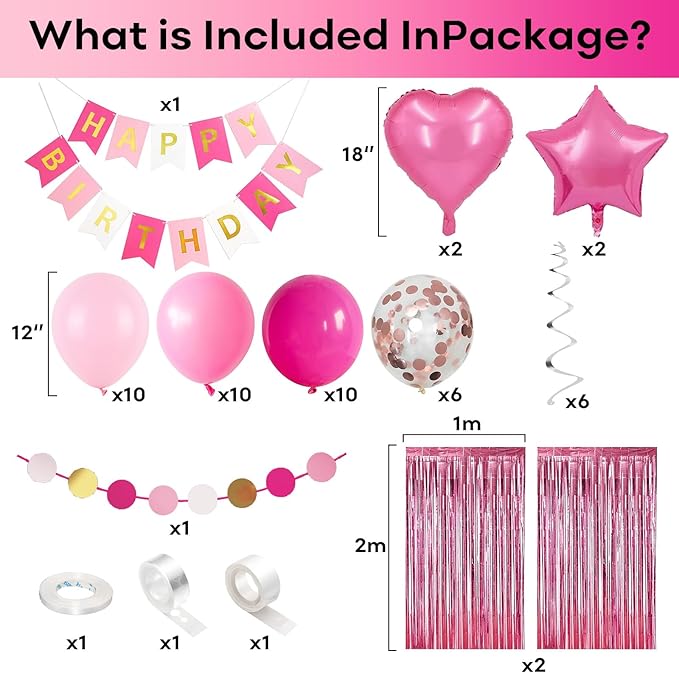 Jobkoo Pink Birthday Decorations for Girls, Hot Light Pink Balloon Garland Arch Kit Happy Birthday Banner Foil Curtain Heart Star Foil Party Balloons for Princess Party Decor