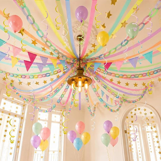 345pcs Pastel Birthday Decoration Fancy Paper Chains Crepe Paper Streamers Pennant Banner Flags Gold Star Garlands Hanging Swirls Pastel Balloons for Wedding Graduation Birthday Baby Shower Decors