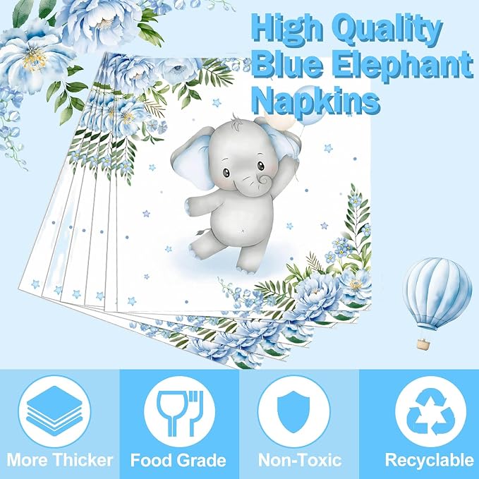 Elephant Baby Boy Shower Party Supplies - 350pcs Blue Elephant Party Decorations Paper Plates Napkins Cups and Utensils Tableware Sets Blue Floral Theme Birthday Party Tableware Set