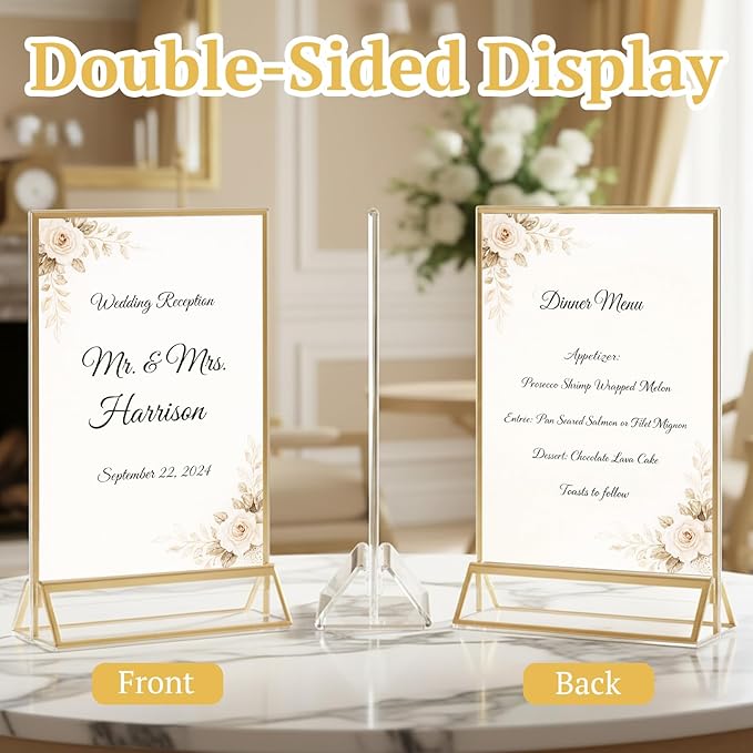 EHWINE 12 Pack Acrylic Sign Holder 5 x 7, Double Sided Gold Picture Frame Stand up Table Top Sign Holders, Clear Display Stand Menu Flyer Holder for Wedding Party (Provide Non-slip Mats)