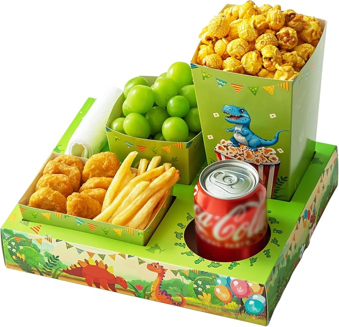 Baffect Movie Night Snack Trays 120pcs, Include 20 Dinosaur Party Snack Trays, 20 Popcorn Boxes, 20 Salad Bowls, 20 Nacho Bowls, 20 Invitations & 20 Party Favors (Green)