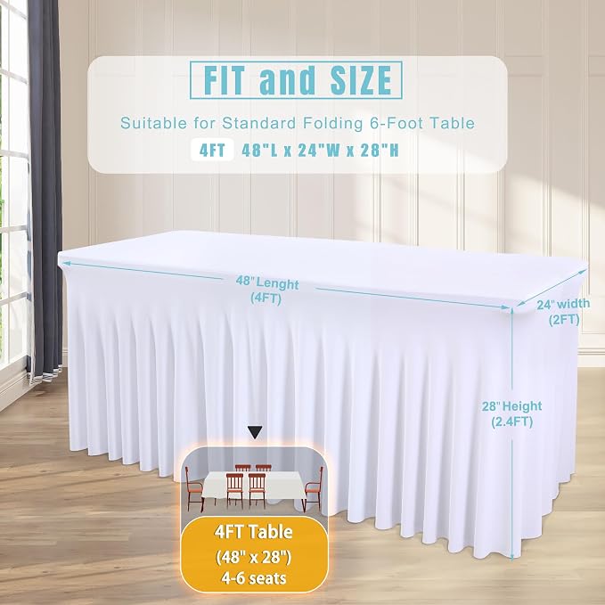 1 Pack White Tableclothes for 4 Foot Rectangle Tables, Wrinkle Resistant Fitted Table Cloth Stretch Spandex Table Covers with Skirt for Event Banquet Wedding Birthday Party