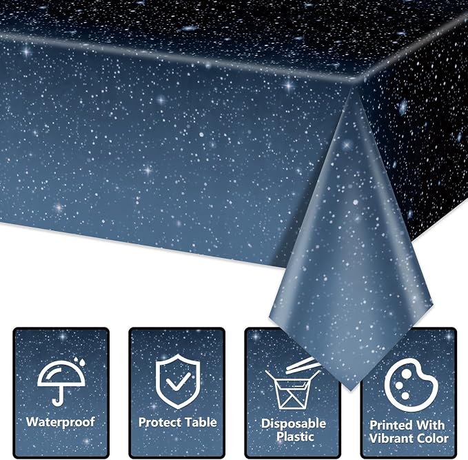 4 Pcs Space Tablecloths, 51 x 86’’Galaxy Explore Theme Plastic Table Cloth Disposable Use for Kids Outer Space Stars Theme Birthday Decorations