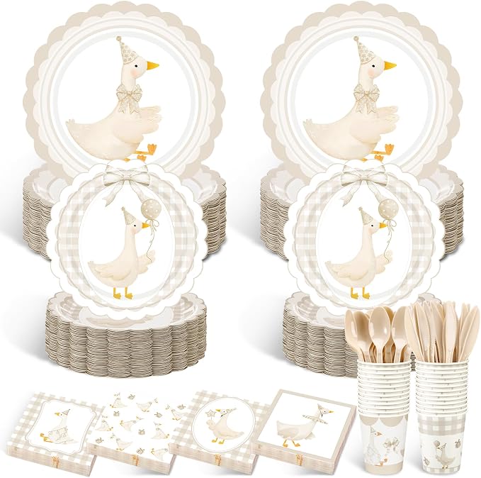Zhehao 350 Pcs One Silly Goose Birthday Party Tableware Set Beige Bow Scalloped Baby Shower Plates Cup Napkins Forks for Birthday Party Decorations Supplies for 50 Guests