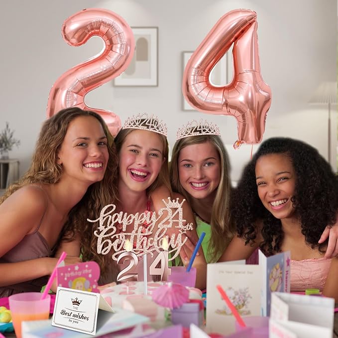 24th Birthday Decorations for Women, Include 24th Birthday Sash and Tiara, Cake Topper and Candles, Number Balloons, 24 Year Old Gifts for Women