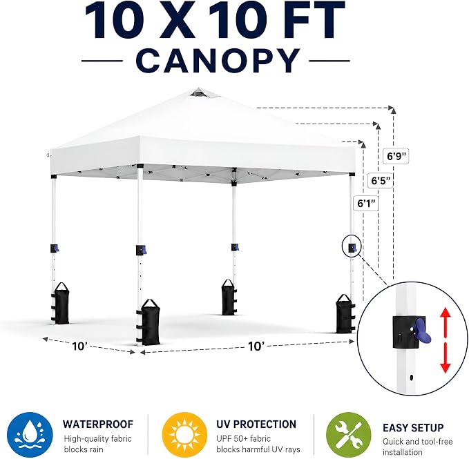 10x10 Pop Up Canopy Tent, Waterproof UV Blocking Heavy Duty Steel Frame with Wheeled Bag & Sandbags, One-Person Setup, Ideal for Outdoor Beach, Party, Camping, Backyard, Tailgate Events (White)