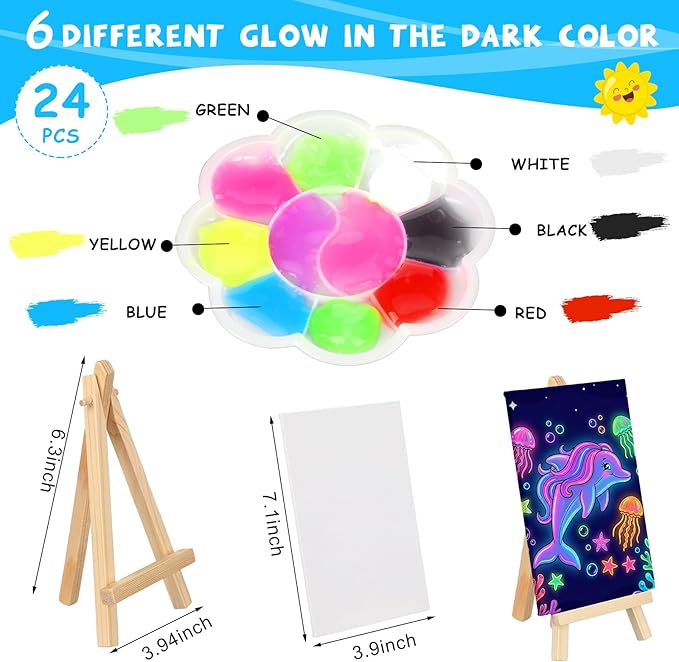 Tosstuki 24 Set Glow in the Dark Party Supplies Glow in Dark Paint Kit 3.9" x 5.9" Canvas for Painting with Wooden Easel Paint Brush Kit for DIY Crafts Rainbow Light up Birthday Luminous Party Favors