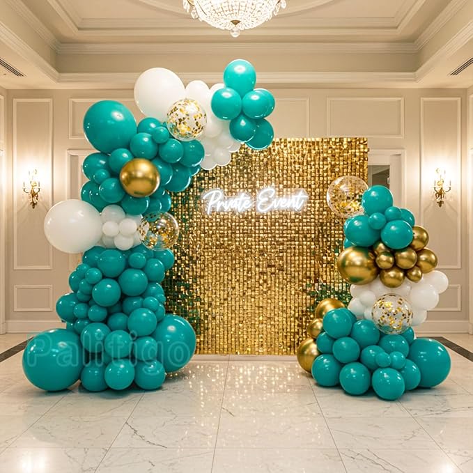 Teal Balloon Garland Kit with Gold Butterflies – Turquoise, Blue and Green, White & Gold Balloons in 18", 12", 5" Sizes – for Graduation, Baby Shower, Wedding, Birthday, Party Decor