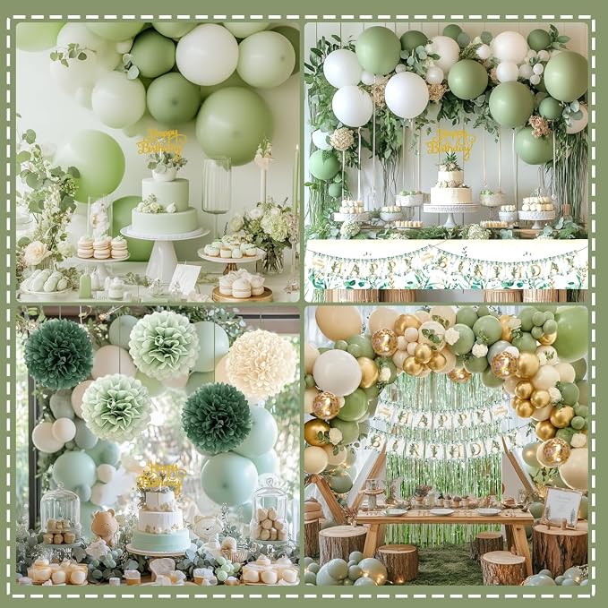 Birthday Decorations Set, Sage Green Party Decoration with Sage Green Balloons, Banner, Pom Poms, Fringe Curtain Background, Birthday Crown, Shoulder Strap for Girls Women Boho Party Supplies