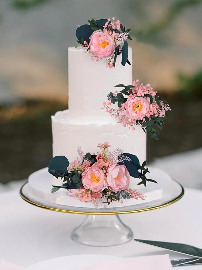 Rinlong 3Pcs Pre-made Cake Flowers Cake Decorations Wedding Cake Decorating Flowers Decor Boho Rustic Birthday Party Artificial Flowers Cake Toppers Pink Dark Green
