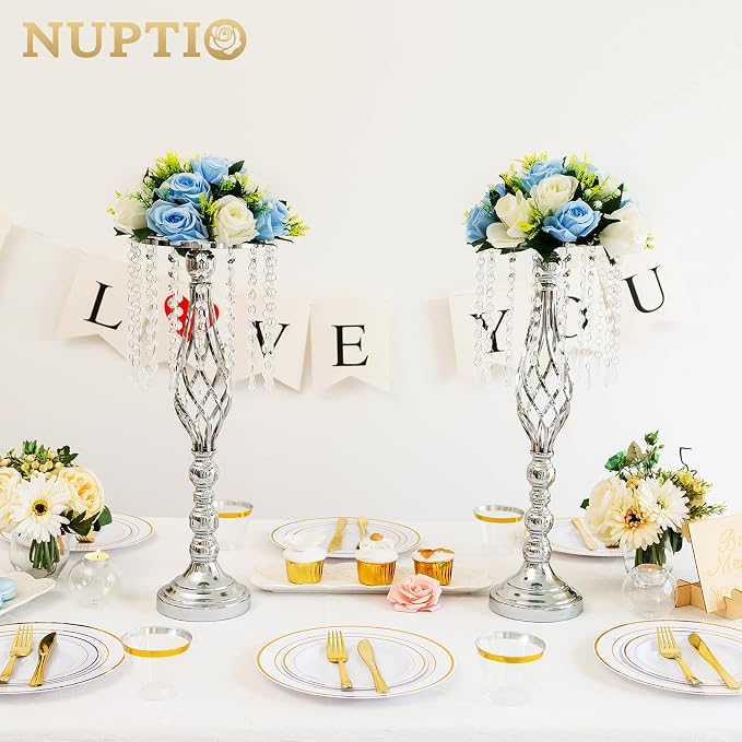Nuptio 10 Pcs Silver Wedding Centerpieces Flower Stand, 21.7in/55cm Height Wedding Road Lead Flower Vases, Crystal Artificial Flower Arrangements for Wedding Party Birthday Event Reception Home Decor