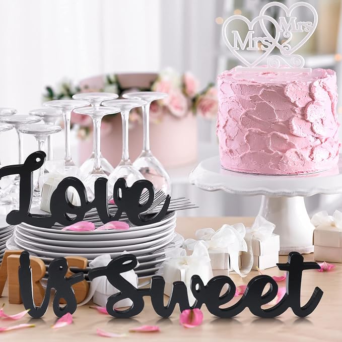 Love Is Sweet Table Decor Hollow Sign Wooden Love Is Sweet Sign for Dessert Table Freestanding Wood Is Wooden Letter Top for Wedding Shelf(Black)