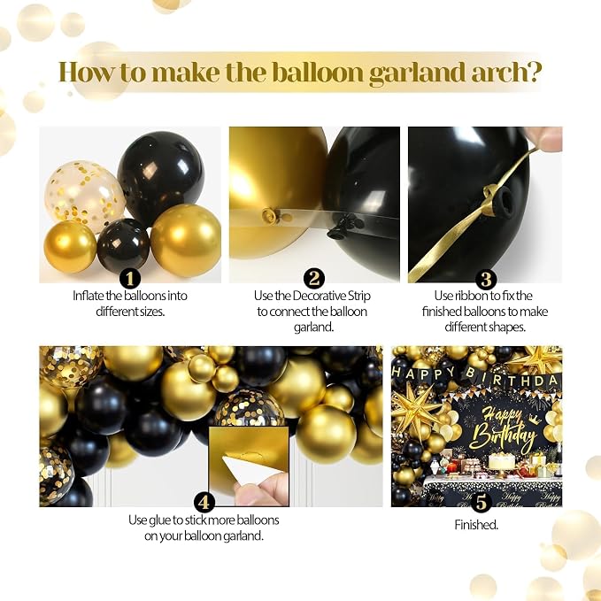 Black and Gold Birthday Decorations for Men Women, 71pcs Black and Gold Party Decorations with Backdrop, Tablecloth, Gold Foil Balloons, Banner, Balloon Arch for Birthday Party Decorations