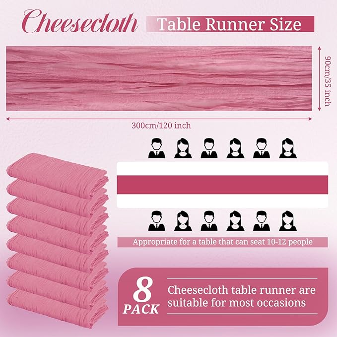 Pesonlook 8 Pack Cheesecloth Table Runner, 10Ft Boho Gauze Table Runner 35×120 Inch Rustic Romantic Long Table Runner for Wedding Party Bridal Shower Thanksgiving Christmas Decoration(Dusty Rose)