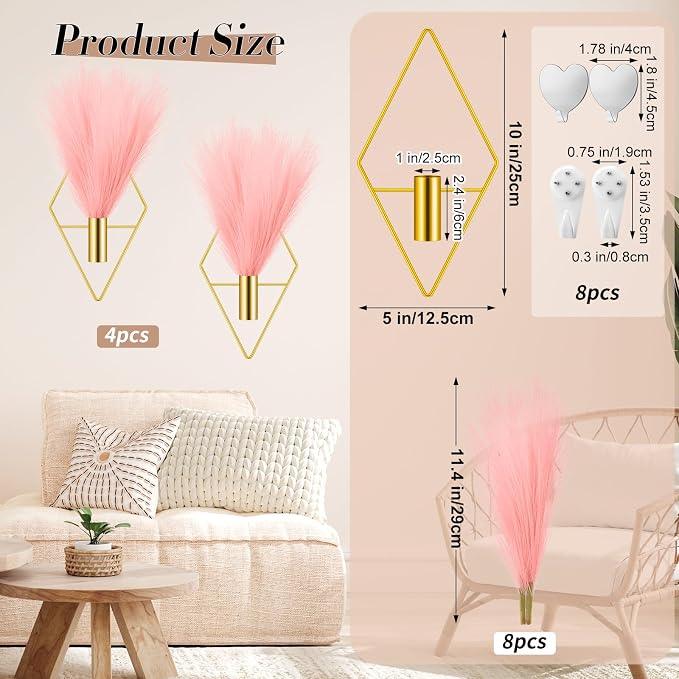 Hanaive 4 Sets Boho Gold Wall Decor Metal Wall Art Hanging Planters with Artificial Pampas Display Art Modern Home Metal Vase for Bedroom Living Room Home Office(Gold, Pink)