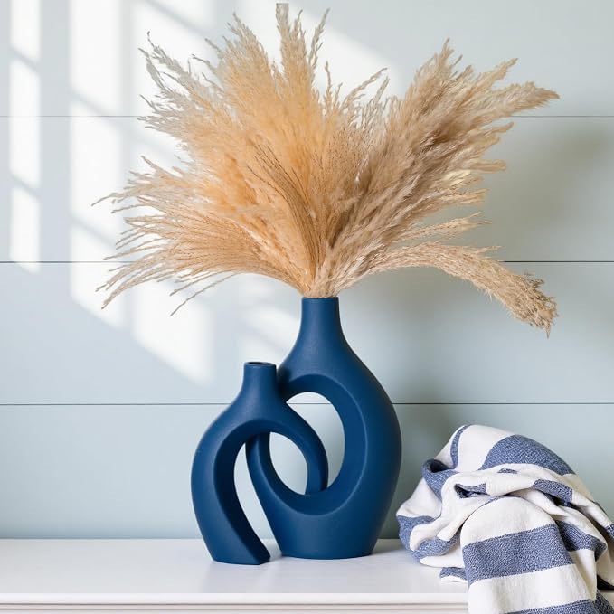 Lvases Snuggle Hollow Ceramic Vase Set of 2, 11 Inch Navy Blue | Nordic Boho Decor Home Flower Vases, Perfect for Living Room Coffee Table, Bookshelf Mantle & Entryway Pampas Grass Display