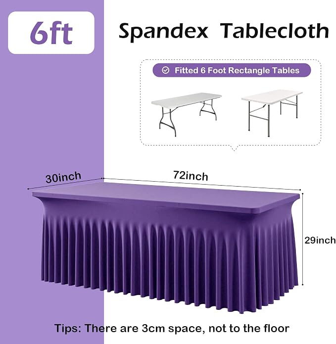 NSSONBEN 2 pk Purple Spandex Tablecloth for 6 Foot Rectangle Tables,Wrinkle Free Fitted Spandex Table Covers 6ft Stretch Table Cloths with Ruffle Skirt for Parties Weddings Banquet Baby Shower