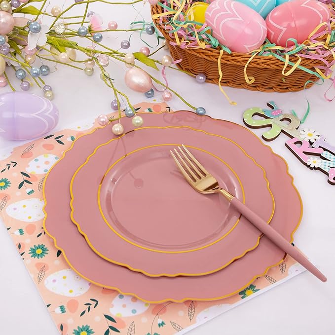 Nervure 100Pcs Mauve Pink Plastic Plates - Mauve Gold Plastic Dinnerware Sets for 20 Guests - 20 Dinner Plates, 20 Dessert Plates, 20 Forks, 20 Knives and 20 Spoons for Wedding & Party & Mother's Day
