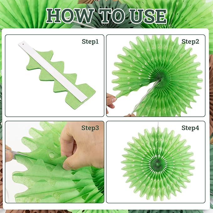 11 Pcs Hanging Paper Fans Decoration Green and Brown Paper Flowers Deco Tropical Jungle Birthday Party Decorations for Summer Safari Carnival Party Supplies